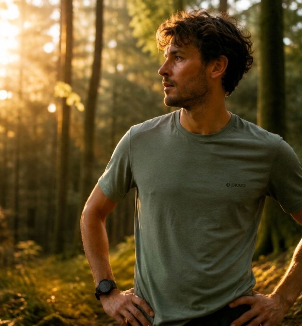 Sportler im picea SMARTCEL™ T-Shirt im Wald bei warmem Sonnenlicht